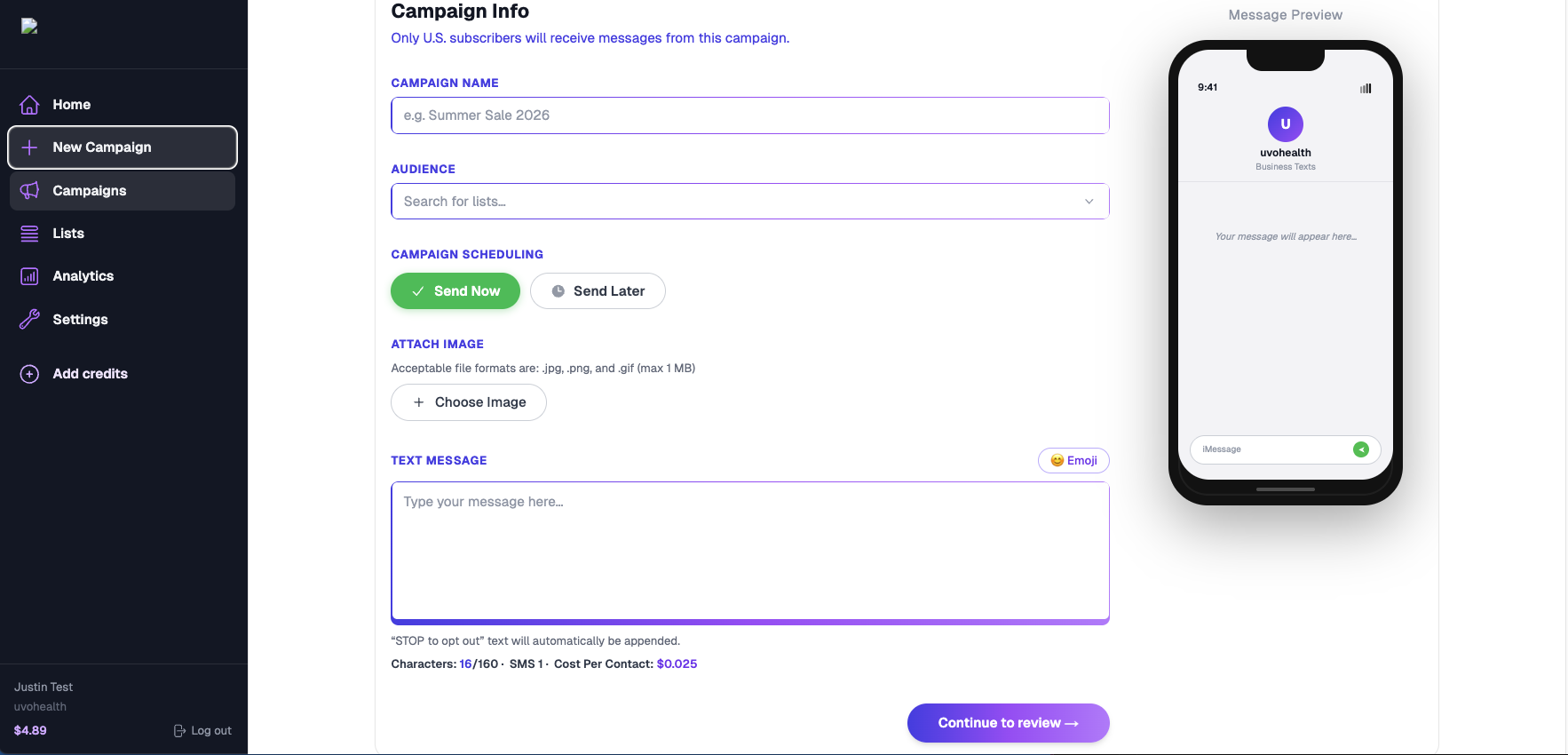 YIPSMS new campaign builder